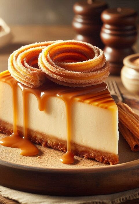 Churro Cheesecake on a wooden plate with a smooth golden-brown cinnamon sugar churro crust