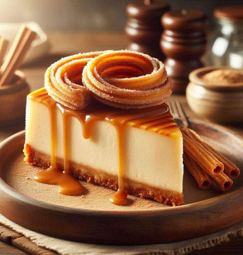 Churro Cheesecake on a wooden plate with a smooth golden-brown cinnamon sugar churro crust